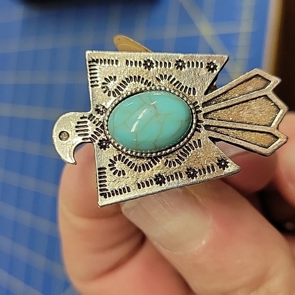 Eagle Turquoise Stone Silver Tone Ring Size 6 Adjustable - Picture 1 of 4